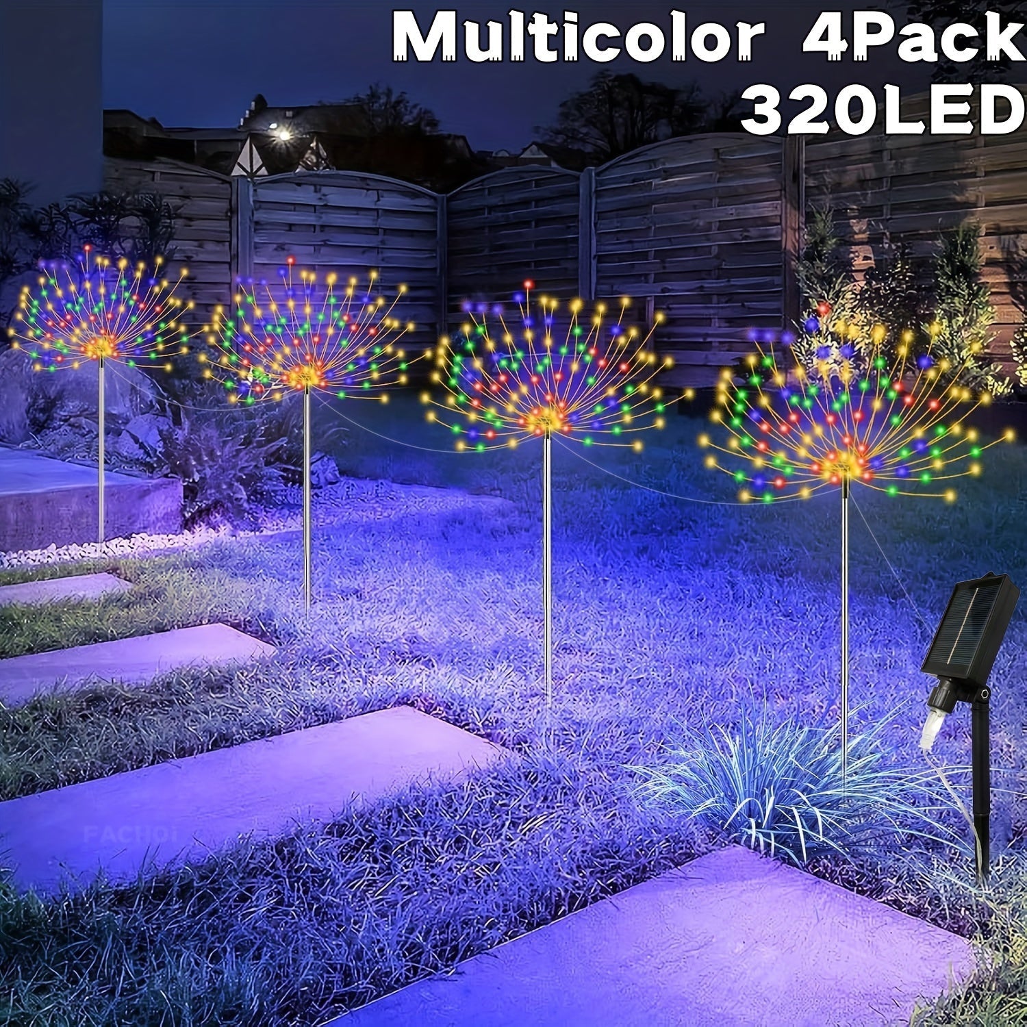 4 piezas de luces solares FACHOI tipo fuegos artificiales, multicolor y blanco cálido, 320 LED + 240 LED, 8 modos de iluminación, luces decorativas con alambre de cobre para jardín, camino, césped, decoración exterior, luces solares para exteriores