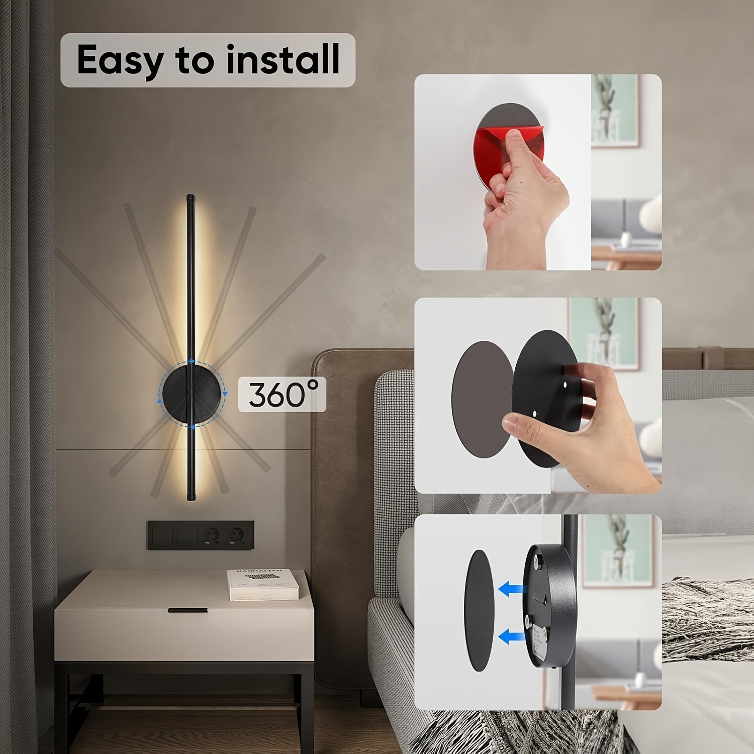1 pieza de lámpara de pared inalámbrica con control remoto, luz LED con batería para dormitorio, sala de estar, pasillo - 3 colores, acabado mate negro, recargable por USB, diseño moderno y elegante, lámpara de pared con control remoto, fijo de luz minim