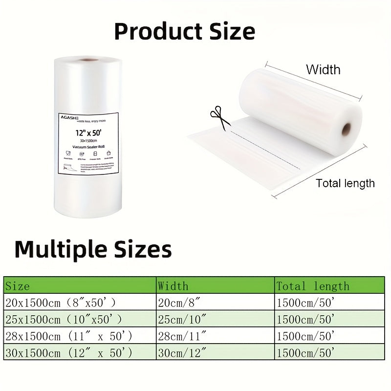AGASHE 15m Bolsa de sellador de vacío - Bolsas de almacenamiento de alimentos reutilizables PE+PA, 4 tamaños para productos frescos, carne y snacks | Mantén el refrigerador organizado y previene los olores | Ideal para uso en casa y cocina, bolsas de sel