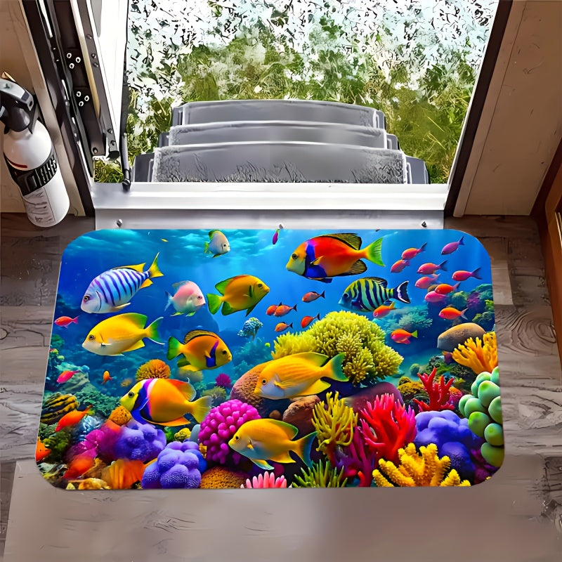 Alfombra de vida marina vibrante - Antideslizante, fácil de limpiar en poliéster con diseño de arrecife de coral colorido y peces tropicales, ideal para decoración de sala, dormitorio, cocina, oficina y baño, tapete para baño