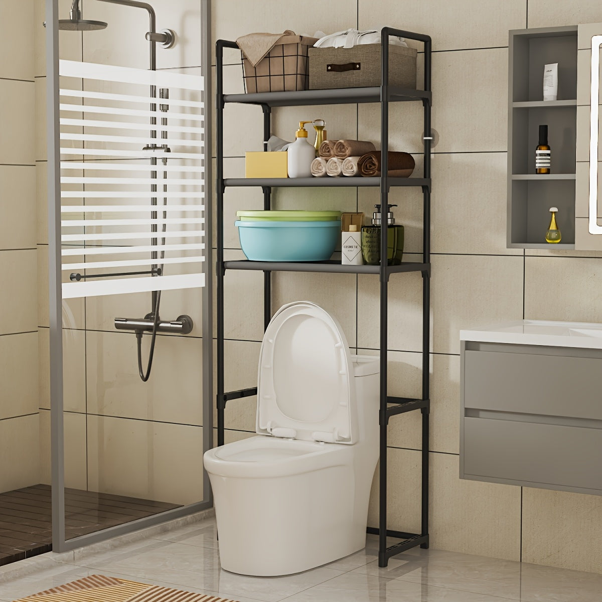 1 pieza, Organizador de baño de metal de varios niveles independiente - Negro elegante, fácil de ensamblar, diseño que ahorra espacio para artículos de tocador y accesorios, organizadores y almacenamiento de baño, estantes