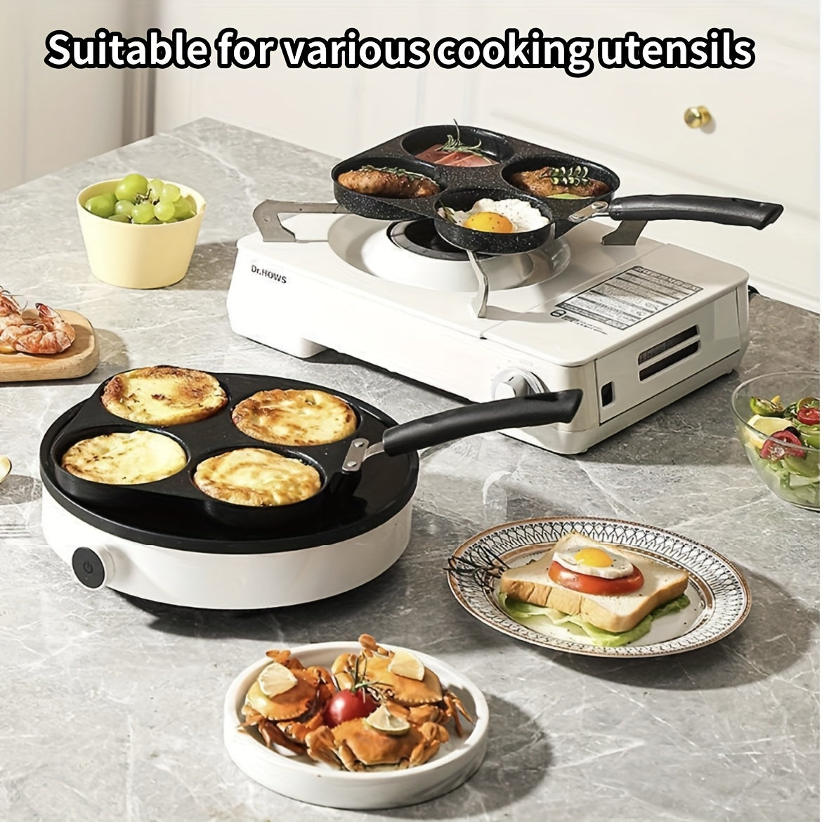 Sartén antiadherente de hierro fundido para huevos, panqueques y hamburguesas - 10 compartimentos adecuados para estufas de gas y eléctricas, diseño multiestufa, perfecto para una cocina ideal para desayunar, estilo moderno y elegante, utensilios de coci