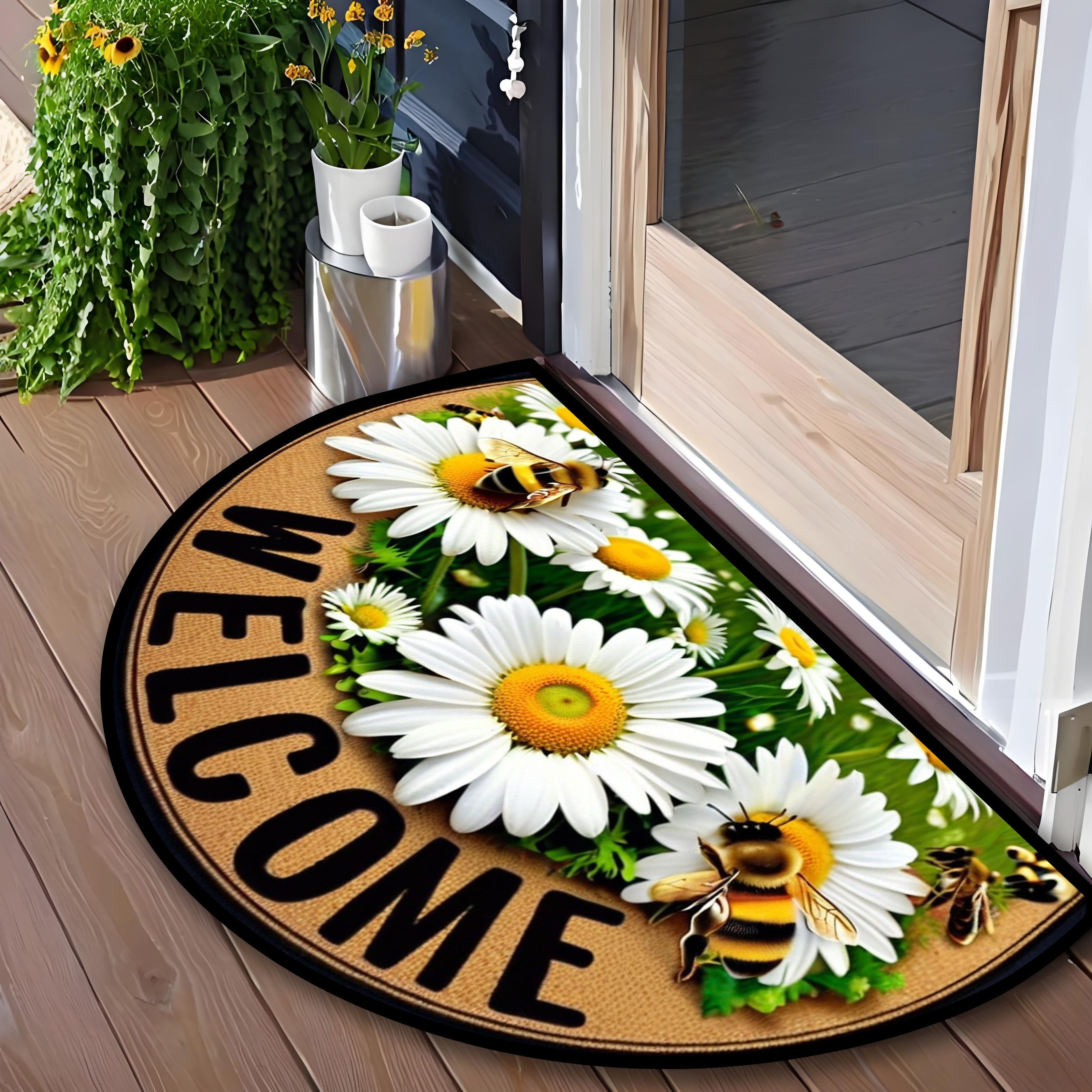 Tapete de bienvenida con diseño de abejas y margaritas - Antideslizante, resistente, semicircular para decoración de granja/patio/lavadero/cocina - Acento elegante para el hogar con diseño floral vibrante, múltiples tamaños disponibles, estilo granja | T