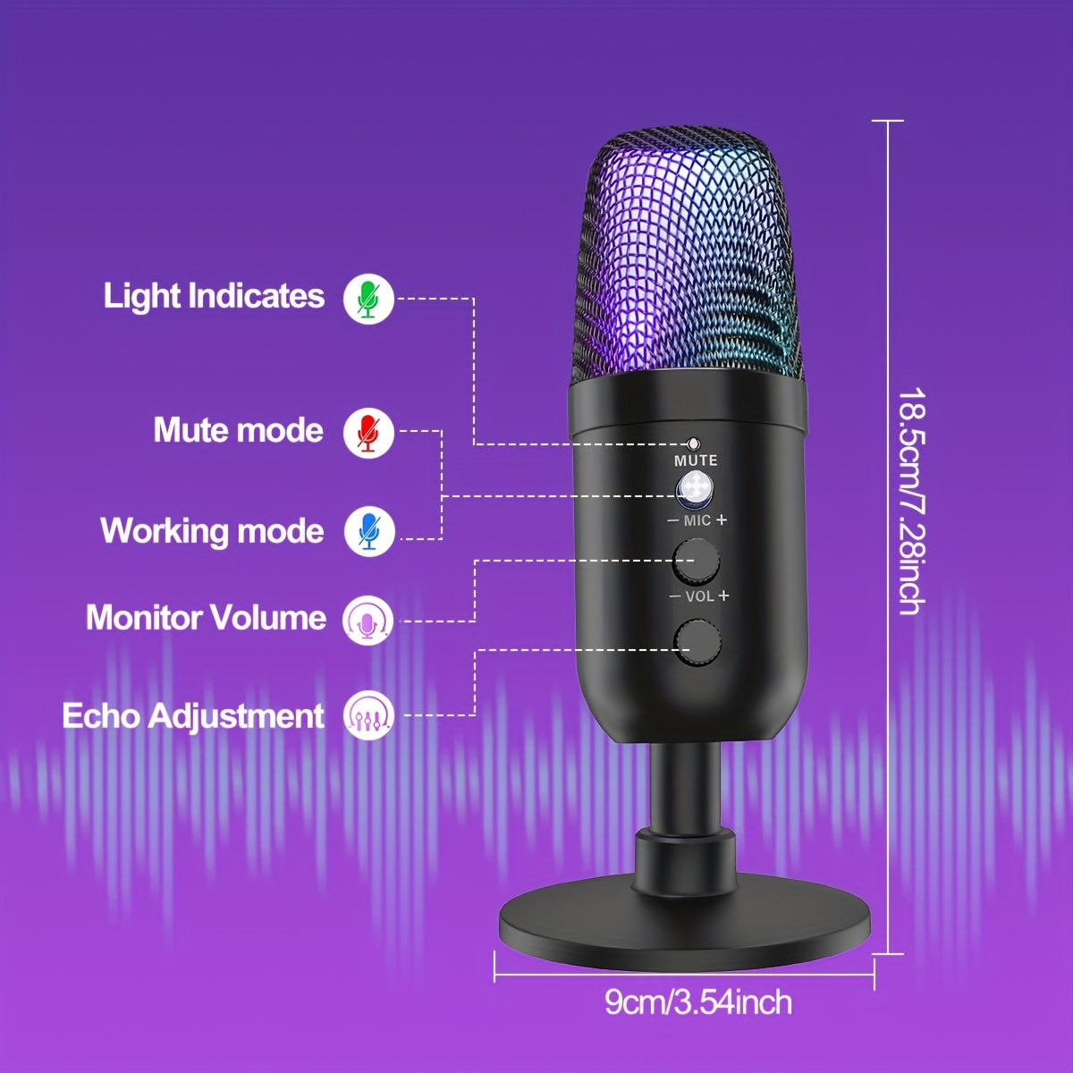 Microfono de Condensador ZealSound USB con Iluminación RGB - Plug and Play, Compatible con PC, PS4 & 5, Mac y Dispositivos Móviles - Ideal para Discord y Grabaciones en Zoom - Incluye Adaptador Tipo-C, Botón Silencio, Soporte Trípode, Filtro Pop y Antivi
