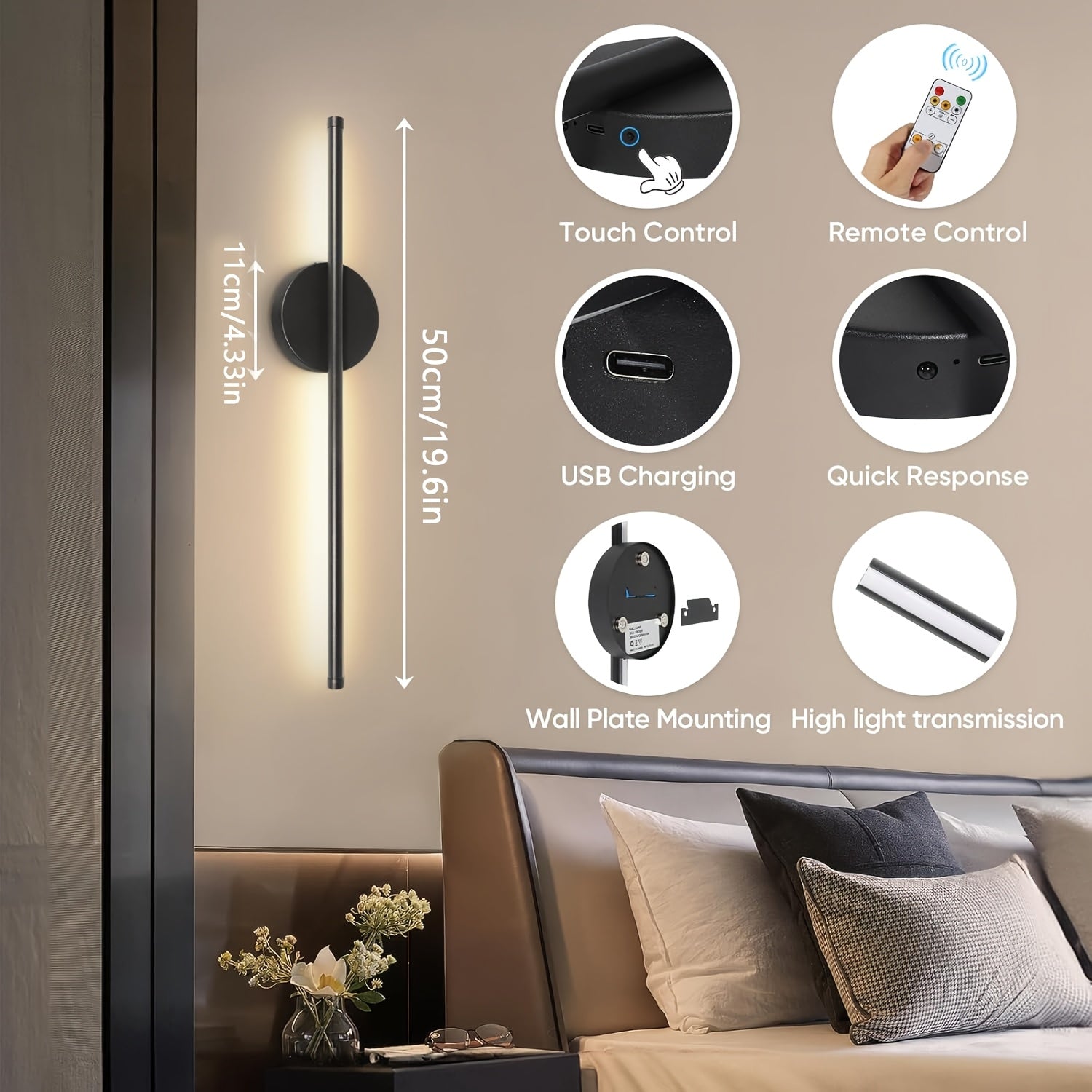 1 pieza de lámpara de pared inalámbrica con control remoto, luz LED con batería para dormitorio, sala de estar, pasillo - 3 colores, acabado mate negro, recargable por USB, diseño moderno y elegante, lámpara de pared con control remoto, fijo de luz minim