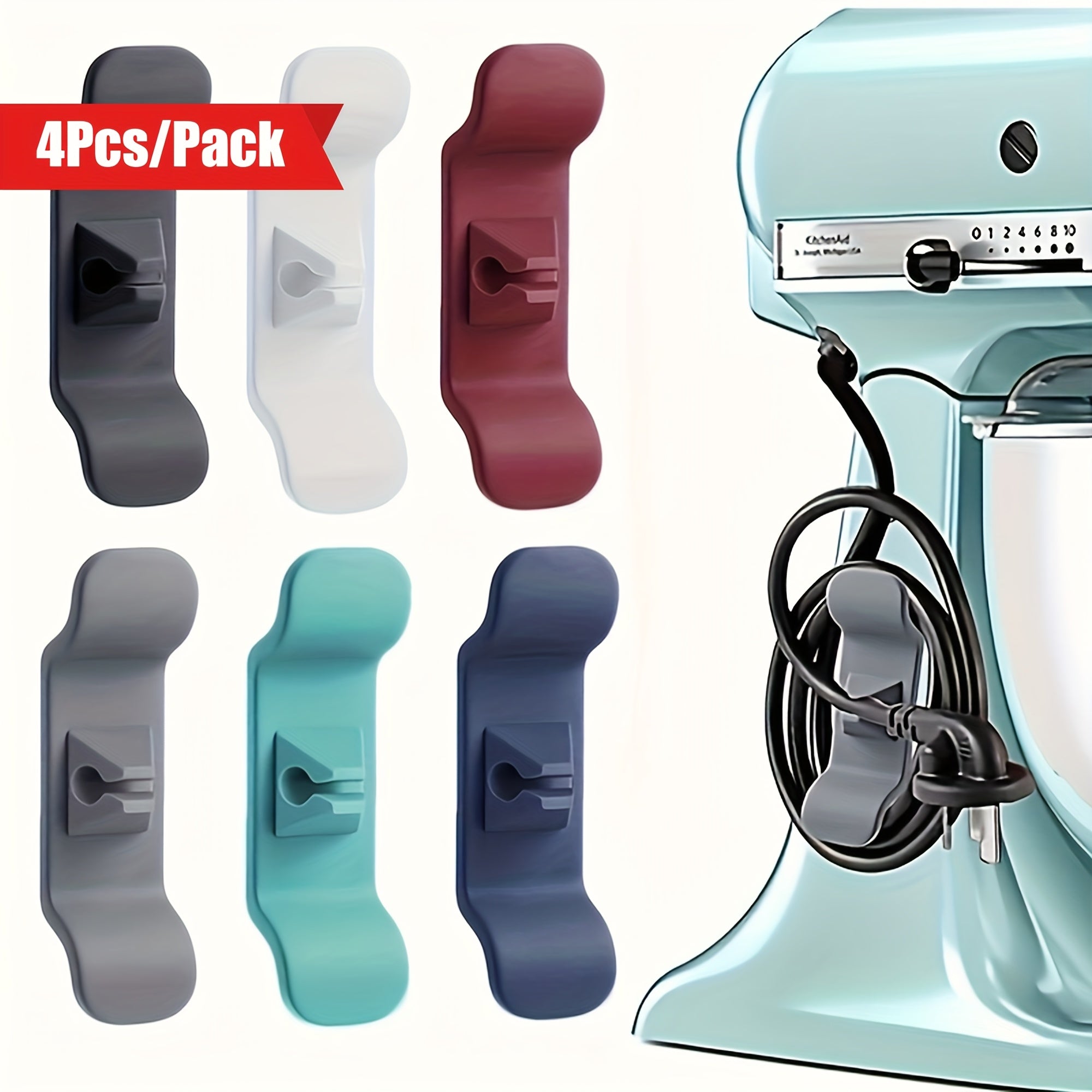 4 piezas de organizador de cables de electrodomésticos de cocina pastel colorido - Soporte de cable de TPR duradero para licuadoras, cafeteras, freidoras de aire - Gris, blanco, negro, azul, verde - Mantenga limpio y organizado su electrodoméstico de coc