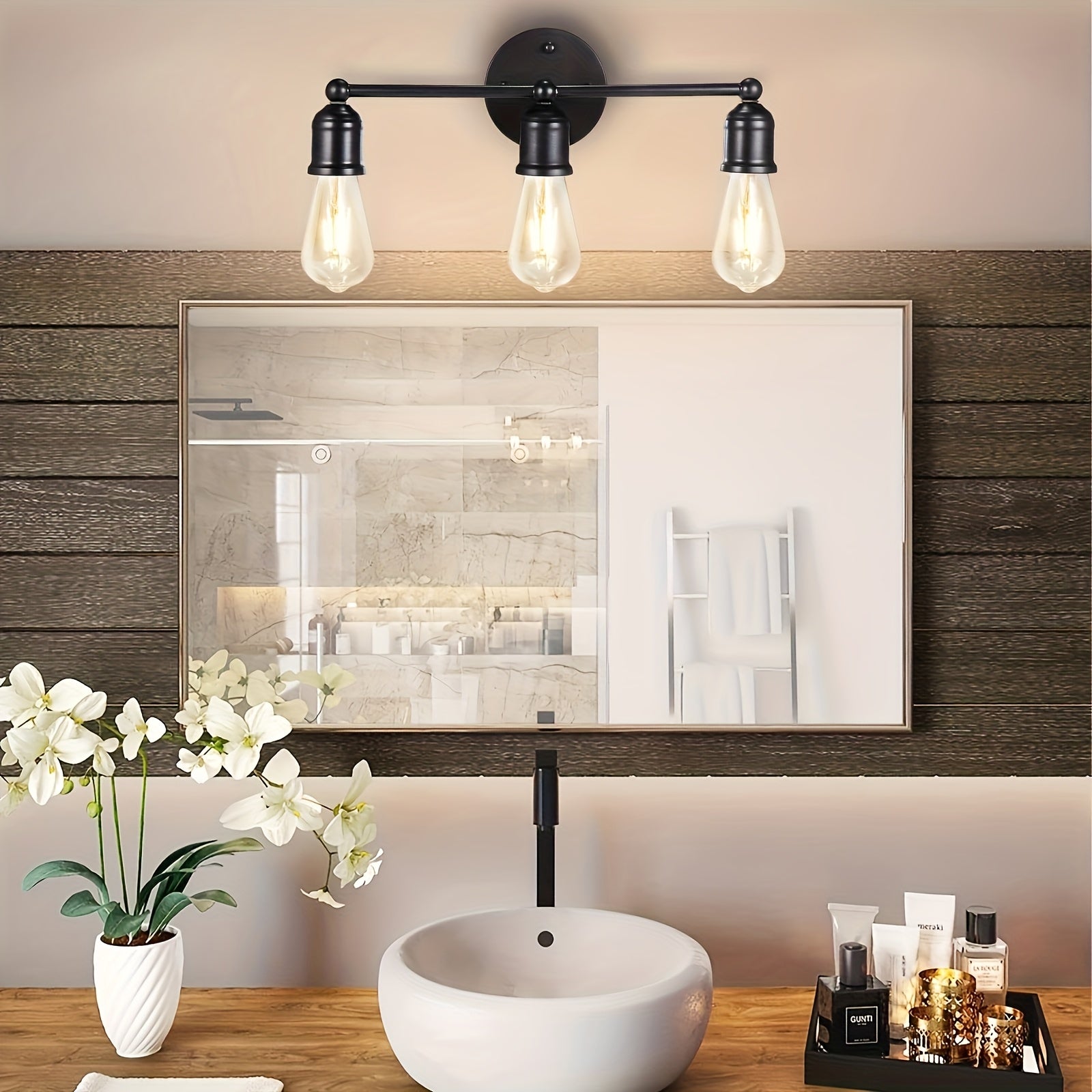 Pack de 3 Lámparas para Baño, Luz Negra para Maquillaje en el Baño, Luz de Pared Moderna para Baño, Luz de Pared Retro, Base E26/E27 para Cocina, Dormitorio, Sala de Estar, Luz de Pared para Baño (Sin Bombillas Incluidas)