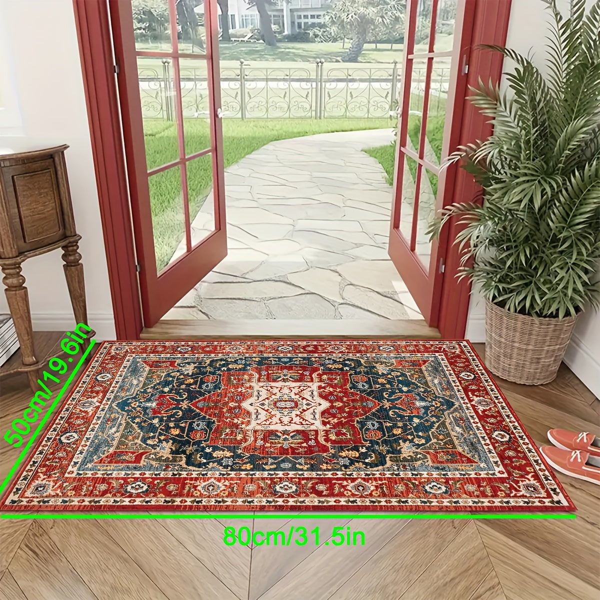 1 pieza Alfombra Europea Vintage Roja con Patrón Persa Geométrico para Jardín Adecuada para Exteriores, Entrada Gruesa Suave Lavable Antideslizante de Gran Tamaño para Decoración Exterior