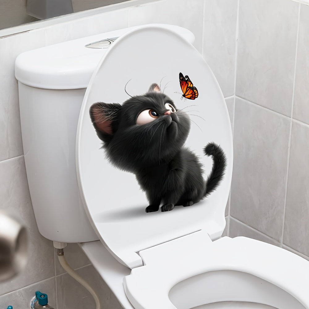 1pc Pegatina con diseño de gato lindo y mariposa, calcomanía de pared autoadhesiva, calcomanía para tapa de inodoro, plástico, decoración de baño, decoración estética del hogar, decoración de la habitación, embellece tu hogar