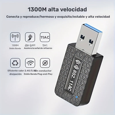 Adaptador inalámbrico USB de 1300 Mbps, adaptador de tarjeta LAN inalámbrica, adaptador de wifi para computadora portátil de escritorio, banda dual de 2.4G/5.8Ghz, compatible con protocolo inalámbrico 802.11Ax, banda dual de 1300M simultáneamente, la ban