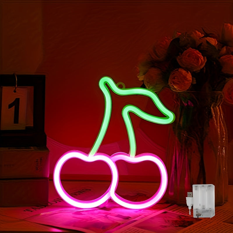 Señal de neón LED en forma de cereza, luz decorativa de neón para colgar en la pared de plástico, con control de interruptor, alimentación USB, para dormitorio, boda, fiesta de cumpleaños, sala de juegos, aniversario, decoración del hogar para el día de