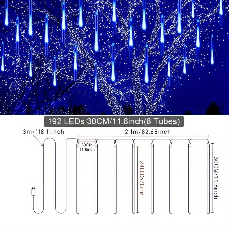 Luces LED de lluvia de meteoros USB, 192 LED, 8 hebras, 196 LED, ideales para decorar bodas, Navidad, Año Nuevo, Día de San Valentín y otras ocasiones festivas, disponibles en varios colores, sin batería