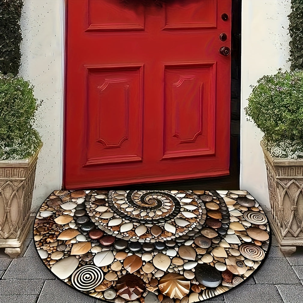 Tapete de bienvenida plano 2D con diseño de guijarros coloridos y flores, antideslizante, fácil de limpiar, semicircular, para uso en interiores y exteriores, ideal para entrada, cocina, baño, patio o balcón, diseño plano 2D