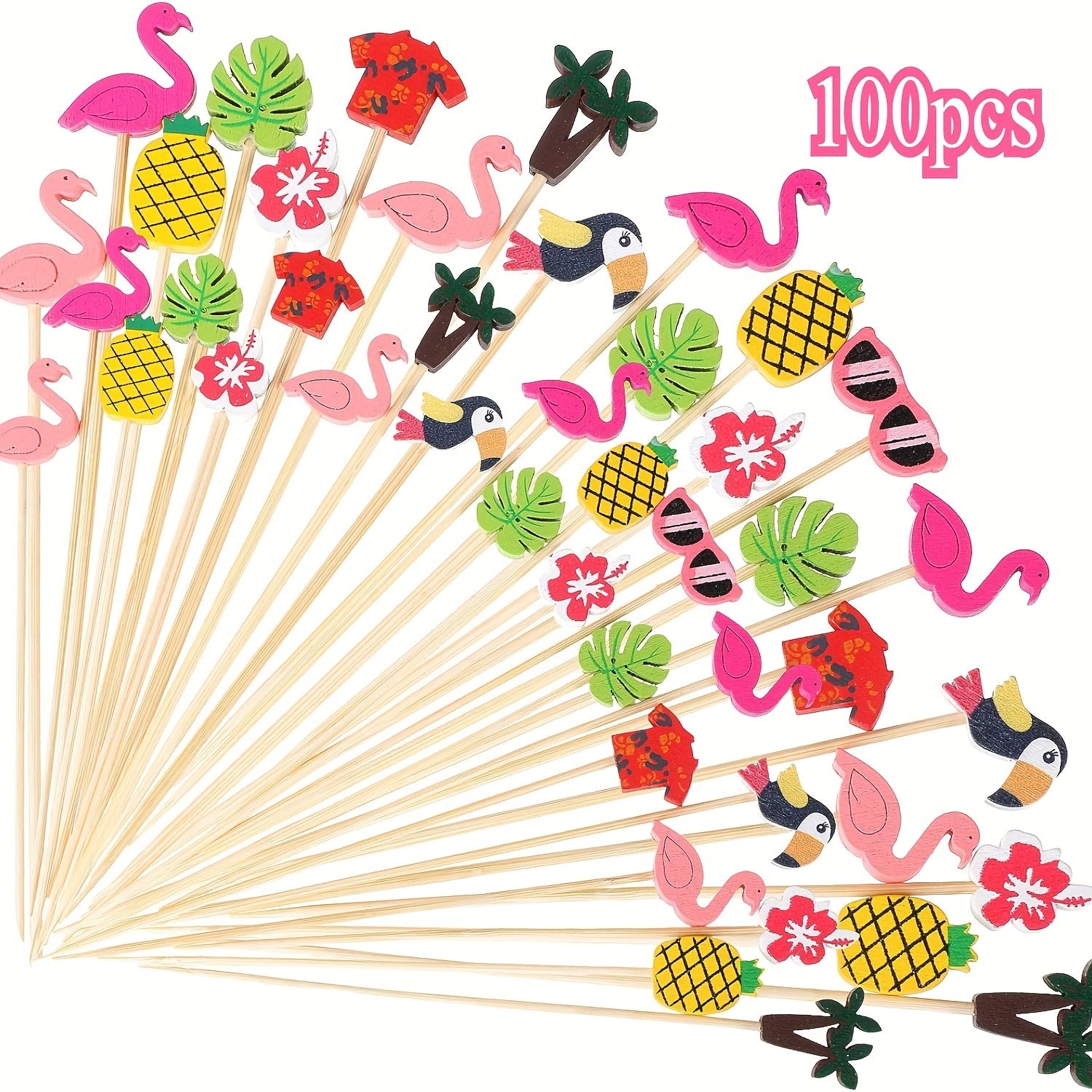 100/200 unidades Accesorios de bebidas de cóctel de bambú, piña de playa Tucán hoja de palma hecha a mano, con sombrilla de bambú para pinchos de cóctel, para aperitivos, fiestas hawaianas, bodas y cumpleaños