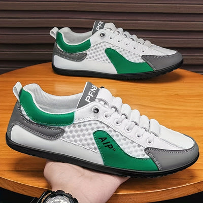 Zapatillas Casuales de Malla Transpirable para Hombre - Zapatos Bajos con Cordones Elásticos, Detalles en Azul Marino/Blanco/Dorado, Parte Superior Ligera y Suela de Goma Duradera para Gimnasio, Caminar o Uso Diario, Estilo Deportivo, Forro Cómodo, Ideal