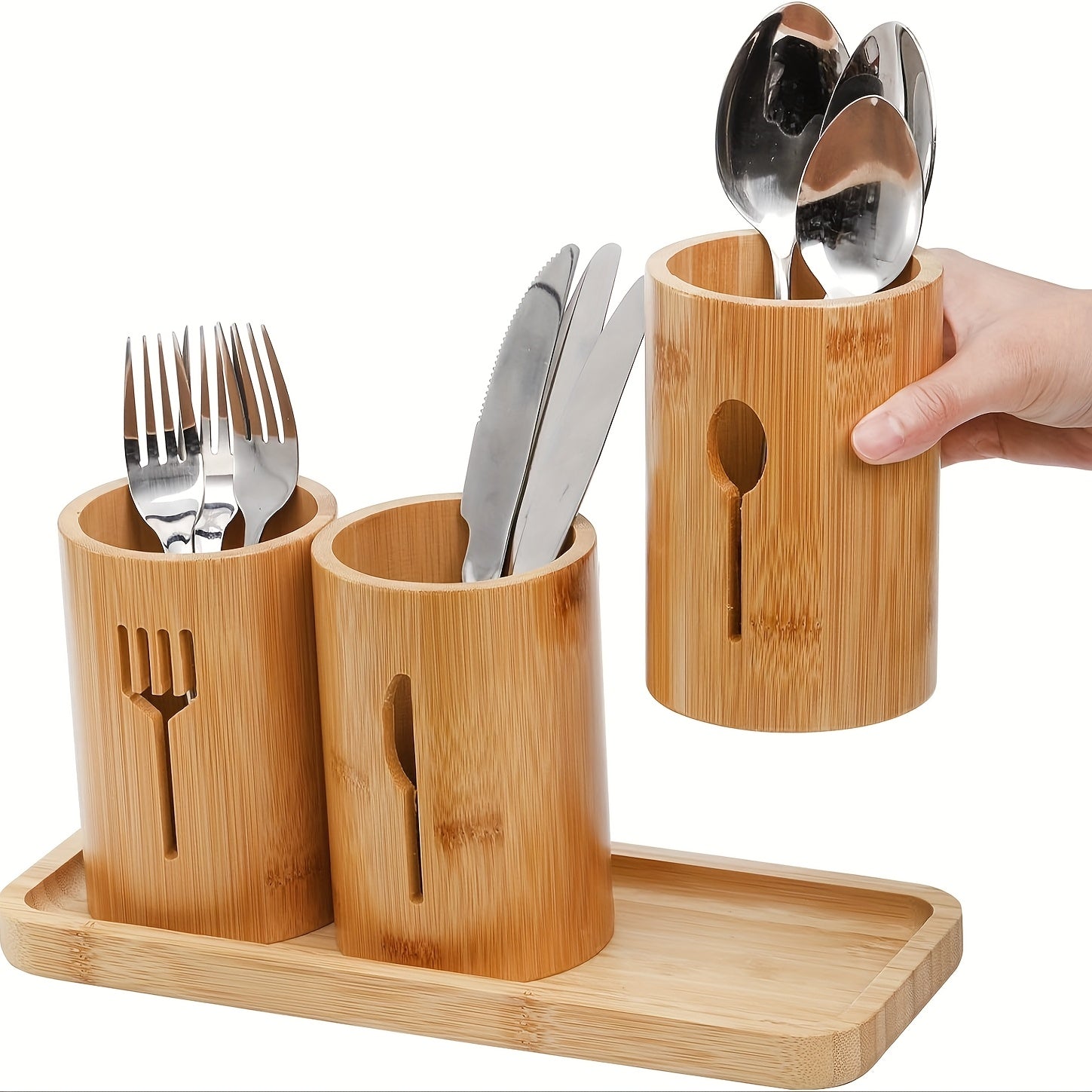 Juego de 4 piezas, caja de almacenamiento de cubiertos de bambú, soporte de utensilios de cocina de granja rústica, soporte de cuchillos y tenedores, suministros de almacenamiento ideales para cocina y restaurante.