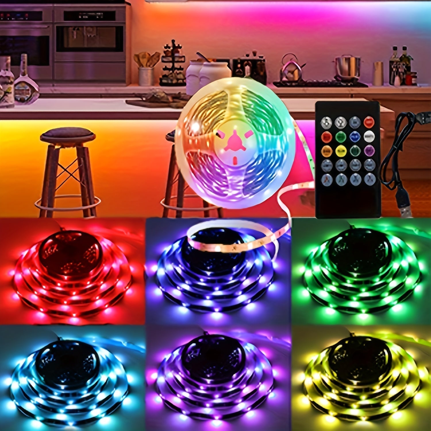 Tiras de luces LED RGB controladas a distancia para decoración del hogar - Alimentadas por USB, iluminación ambiental multicolor con control remoto de 22 teclas, batería de botón no recargable, se adapta a aplicaciones domésticas, sin función inalámbrica