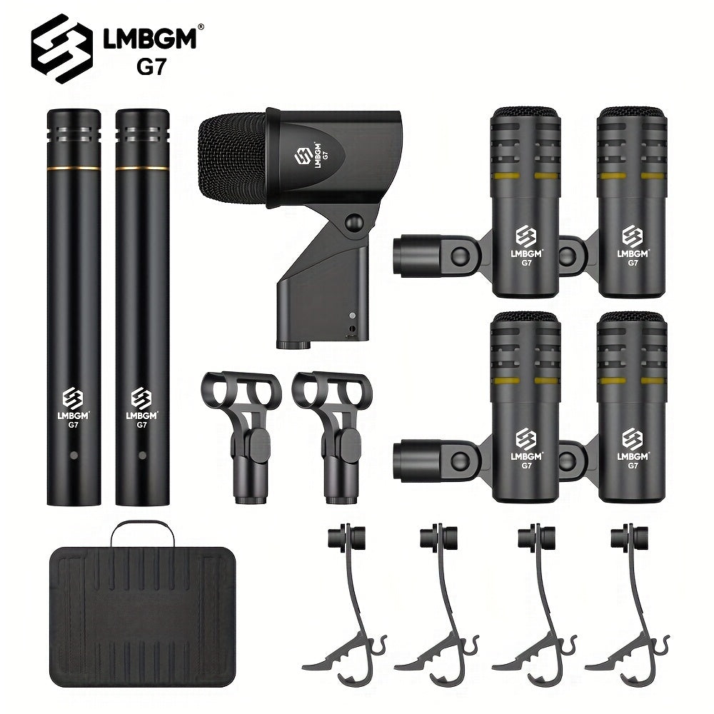 Kit de Micrófono para Instrumentos LMBGM G7 de 7 Piezas con Cable para Batería, Micrófono Dinámico para Bajo, Tom, Platillo y Charles, Uso para Batería, Voz, Banda, DJ, Escenario y Grabación Instrumental en Vivo