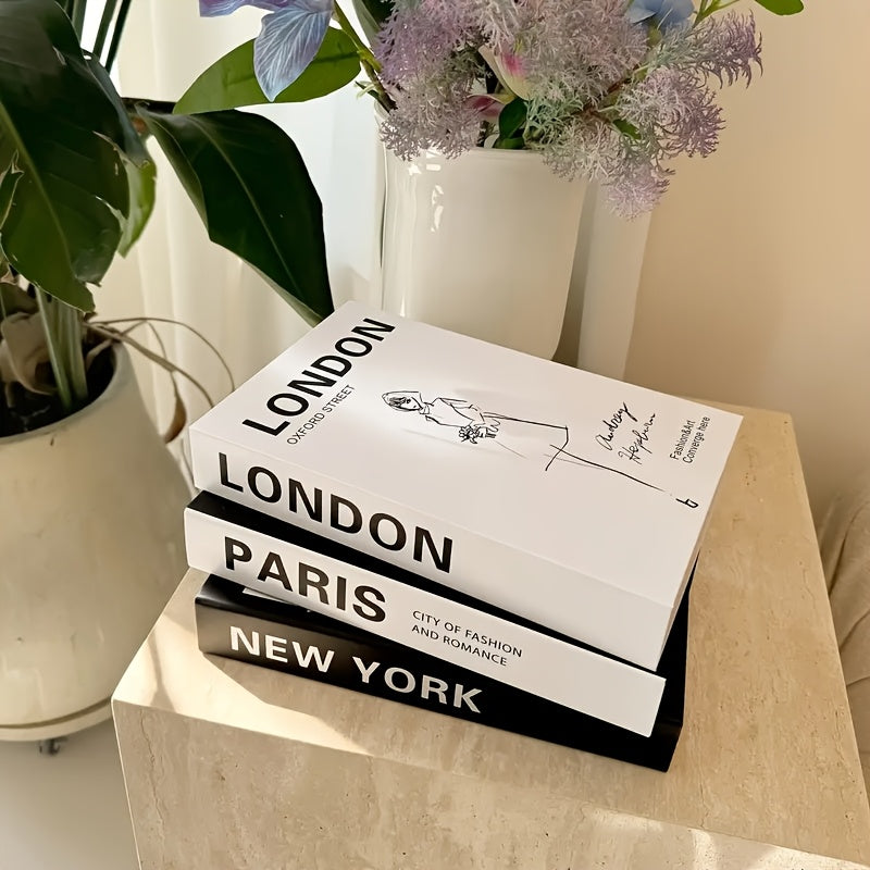 Un juego de libros falsos minimalista de tres piezas, elegantes libros decorativos, adornos realistas para estantes, accesorios de fotografía.