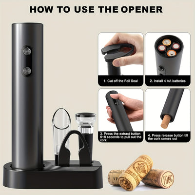 Juego de Abrebotellas Eléctrico Automático de 5 Piezas, Cortador de Papel Aluminio, Tapones y Base de Almacenamiento - Funciona con Batería Seca, Requiere 4 Pilas AAA (No Incluidas) - Corcho para Mantenimiento del Vacío Fresco, Vertedor, Juego de Vajilla