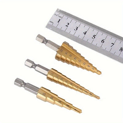 Juego de brocas escalonadas HSS con recubrimiento de titanio en varios tamaños, ideales para perforación precisa en madera y metal, eficientes y versátiles