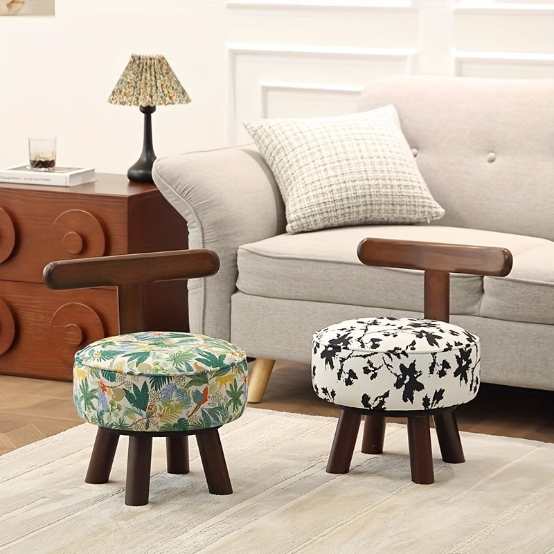 1pc Otomán Giratorio de Madera Dura con Tapizado Floral - Taburete Decorativo Reciclado para Sala, Entrada y Almacenamiento de Zapatos, Diseño Vintage Moderno, Tela Fácil de Limpiar
