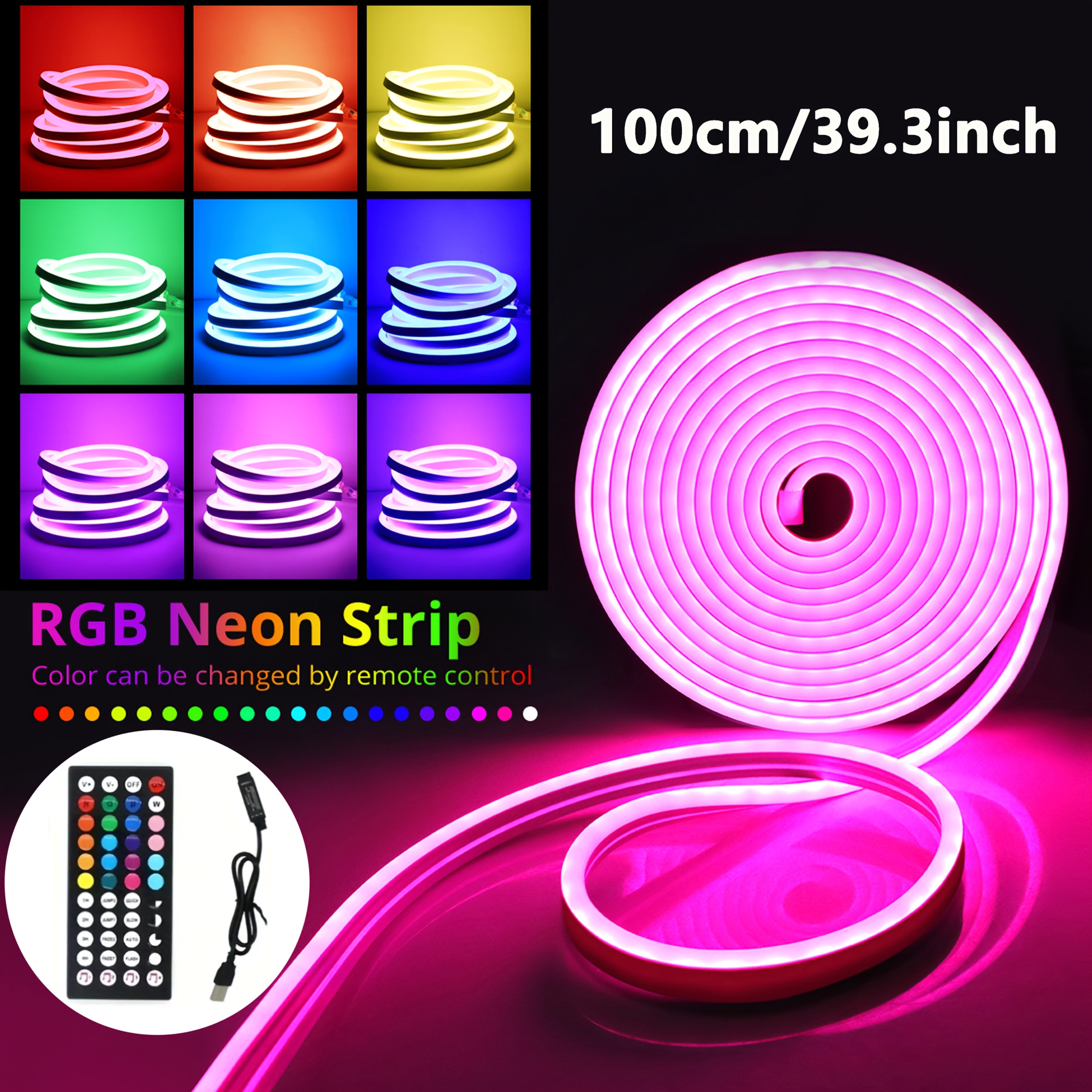 1pc Tira de luz flexible LED de neón multicolor con control remoto, alimentada por USB, brillo ajustable, cambio de color, parpadeo, flexible 360°, iluminación de atmósfera decorativa para el hogar y la fiesta