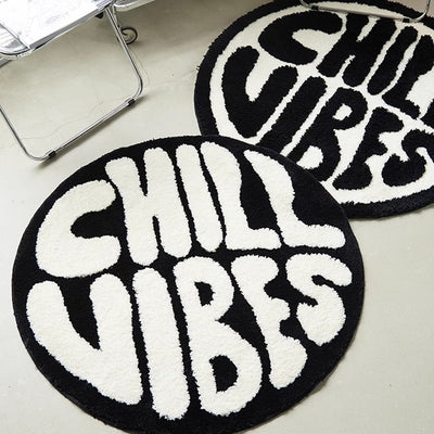 1pc Alfombra Redonda de Vibra Chill, 10mm de grosor de fibra de poliéster, sin resbalones con sujeción de fieltro, para dormitorio y sala de estar, solo lavable a mano, negro y blanco