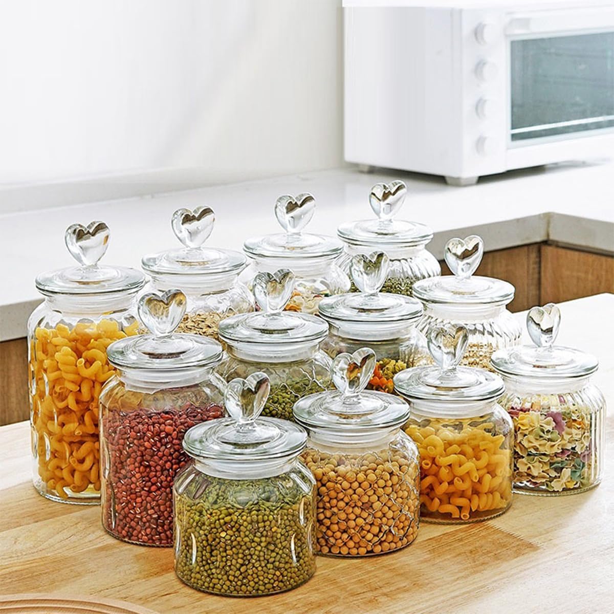 Tarros de Almacenamiento de Comida de Vidrio con Tapa en Forma de Corazón de 22oz/32oz - Elegantes y Herméticos, Contenedores para Cereales, Tarro para Galletas e Ideales para Tu Cocina