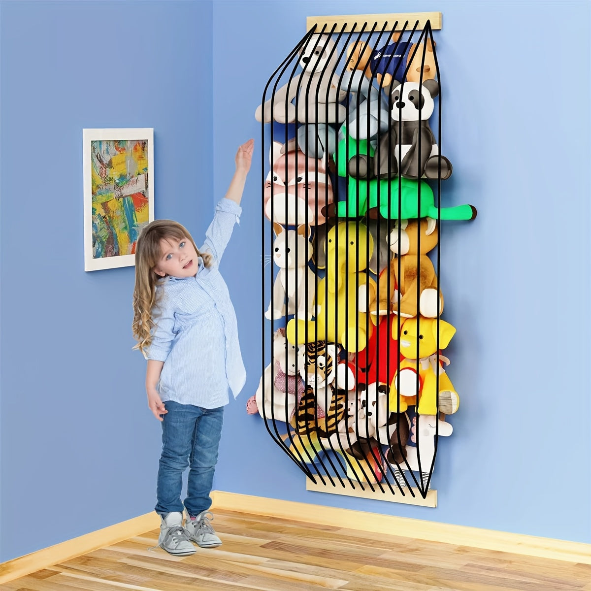 Organizador de juguetes de peluche para interiores, estante de madera fácil de instalar, lindo y duradero, montable en pared o puerta con longitud ajustable, redes de almacenamiento multicolor
