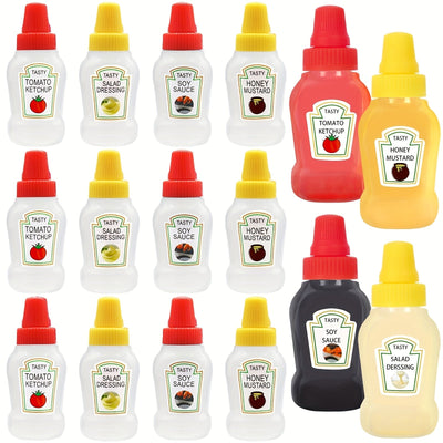 12 Piezas de Botellas Mini de Condimentos, Recipientes Ovalados de Plástico para Salsas, Miel y Aderezos - Lavado a Mano, Sin PVC, Utensilios Esenciales de Cocina para Loncheras y Picnics, Botellas Portátiles de Salsa | Pack Variado de Condimentos | Dise