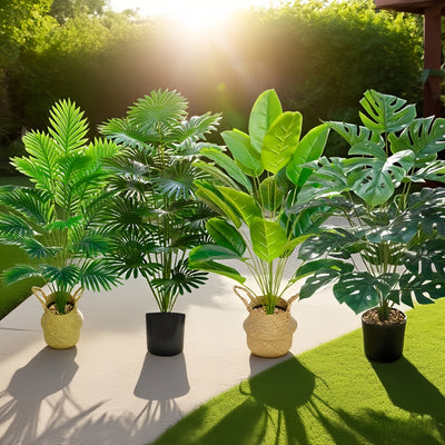 Juego de 4 piezas, incluye 48 plantas artificiales de hojas grandes. Adecuadas para uso exterior—árboles decorativos de selva tropical, ideales para macetas en interiores y exteriores todo el año, bodas, hoteles, jardines, patios estilo nórdico, Día de l