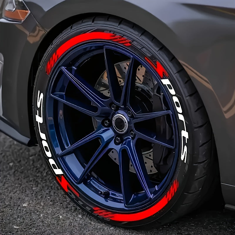16 calcomanías para ruedas de autos deportivos - PVC resistente al agua, calcomanías de letras duraderas, decoración para llantas, adhesivos para autos, diseño en negro y rojo con texto "SPORTS", compatible con superficies de metal y plástico, accesorios