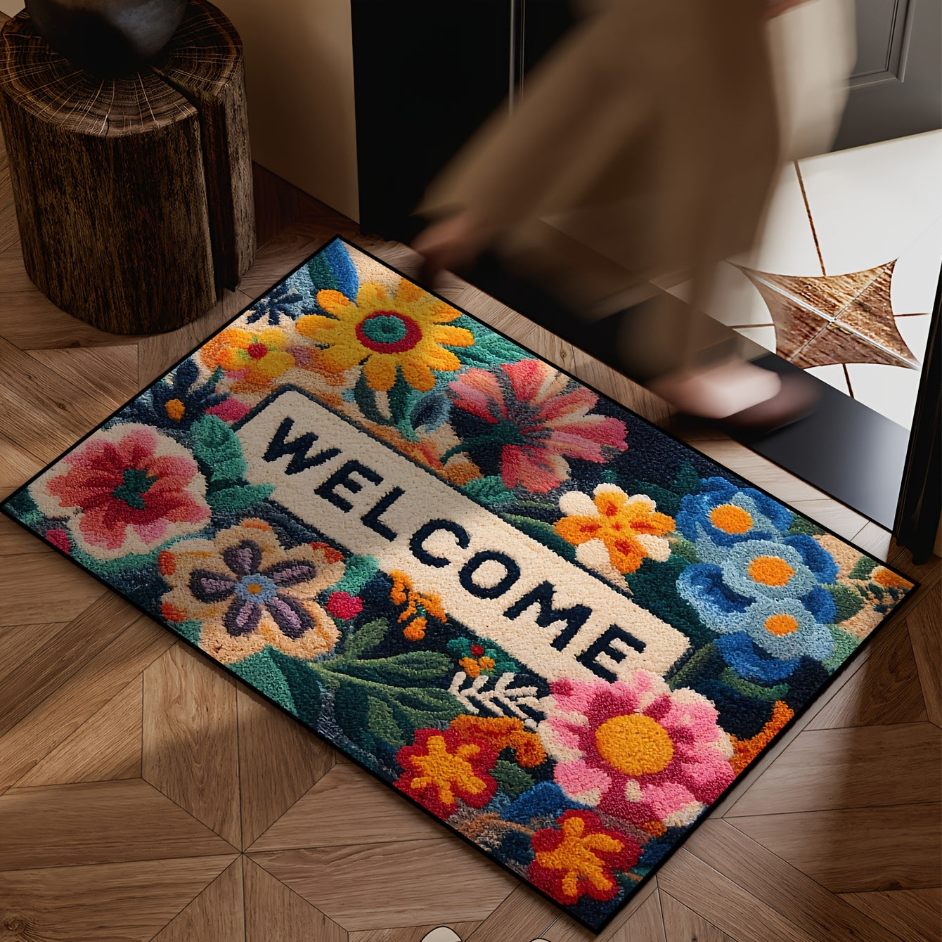Alfombra de bienvenida floral vibrante, 1 unidad, antideslizante, de poliéster, con flores coloridas y hojas verdes, ideal para cocina, baño, dormitorio y decoración de fiestas, regalo perfecto para primavera, alfombra de entrada para fiestas | Diseño fl
