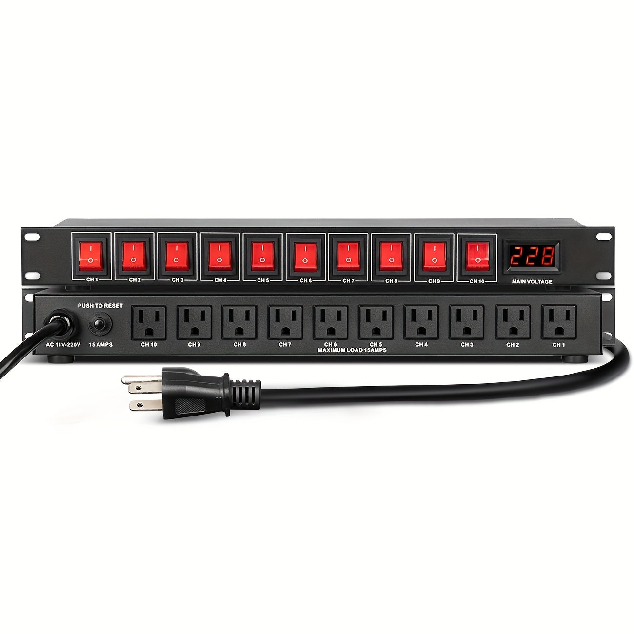 Secuenciador de potencia profesional para audio 1U DEPUSHENG - Controlador digital de alimentación para rack con 10 salidas, pantalla de voltaje, protector contra sobretensiones, 1500W máx., 110V-130V, enchufe estadounidense, material de aleación