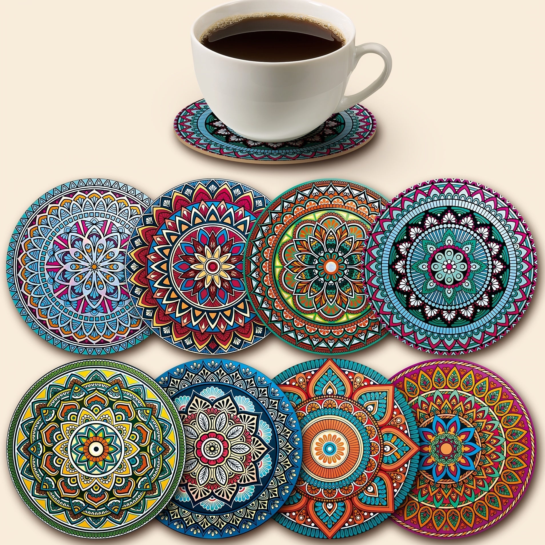Juego de 8 Posavasos de Madera con Diseño Mandala, Esenciales para Reuniones Festivas, Ideales para Bares, Oficinas y Hogar, Tamaño 10 cm x 10 cm