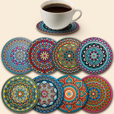 Juego de 8 Posavasos de Madera con Diseño Mandala, Esenciales para Reuniones Festivas, Ideales para Bares, Oficinas y Hogar, Tamaño 10 cm x 10 cm