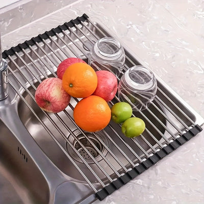 1 unidad de rejilla de drenaje plegable de acero inoxidable, rejilla de filtro de agua, persiana enrollable de fregadero, tazón y palillos, estantería para frutas y verduras, estantería de cocina, rejilla de drenaje plegable, gadgets de cocina, utensilio