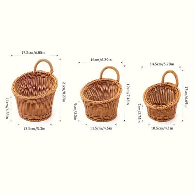 Juego de 3 Cestas Rústicas Imitación Ratán para Pared, Cestos Colgantes Tejidos de Plástico para Cocina, Jengibre, Ajo y Frutas, Organizadores Multiusos con Asa para Hogar y Estantes