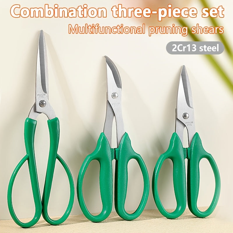 Juego de 3 pares de tijeras de jardinería, tijeras de poda de flores, cortadores de frutas de jardín, cortadores de ramas de árboles, tijeras florales, material de acero inoxidable, adecuado para uso en casa y huerta.