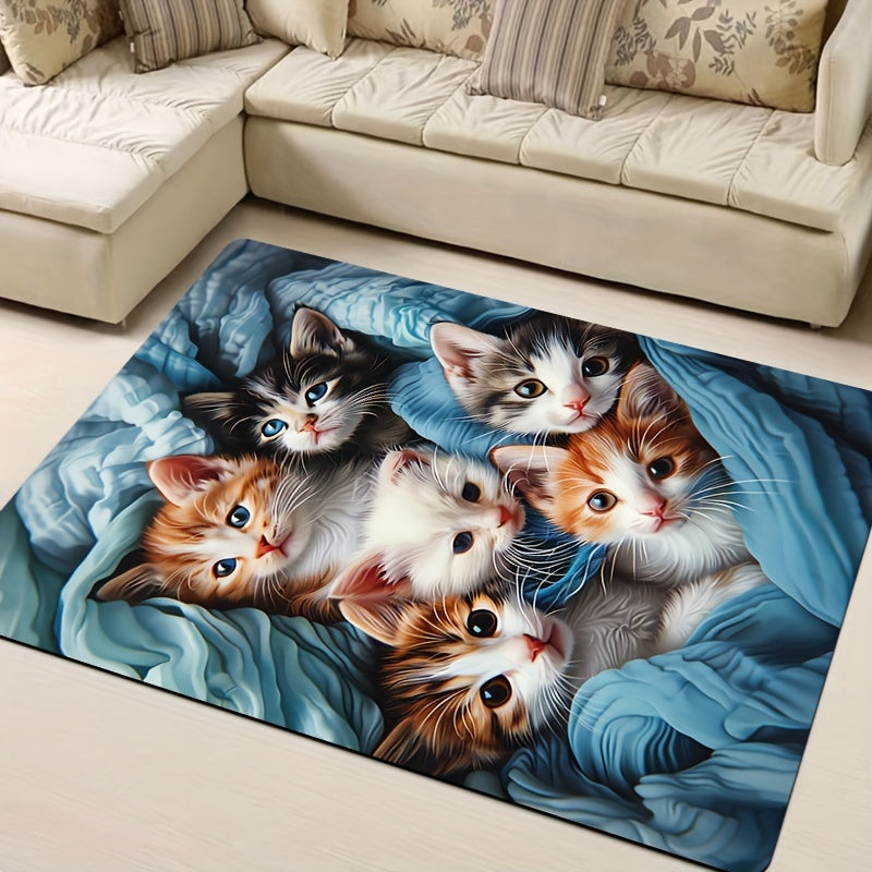 1pc Alfombra de Área con Diseño de Gatito Adorable - 8mm de Grosor, Poliéster Suave, Lavable a Máquina - Perfecta para Cocina, Sala de Estar, Dormitorio - Alfombra Decorativa para Interiores con Tonos Azules