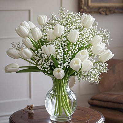 20/30 Tallos de Ramo Artificial de Gypsophila y Tulipanes Blancos - Flores Falsas con Textura Real para Bodas/Fiestas/Domésticos/Otros Decorativos, Centros de Mesa DIY, Regalos para el Día de la Madre/San Valentín/Graduacións, Sin Necesidad de Jarrón (De