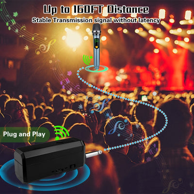 Micrófono dinámico gris Heikuding 108 con control de volumen, batería de litio recargable por USB, conector de 6,35 mm, inalámbrico a 2,4 MHz, con clip y soporte para actuaciones en vivo, grabación y transmisión.