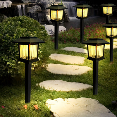 Conjunto de 4 Luces Solares para Caminos Exteriores, Diseño Cuadrado Retro con Brillo Amarillo Cálido, Lámparas Acrílicas Negras para Jardín, Patio, Paisaje y Iluminación Decorativa de Entrada, Luces Solares para Exterior
