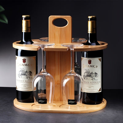 Elegante estante de bambú con gafas colgantes - Acabado pulido, diseño ahorrador de espacio para bar en casa, exhibición de bodega y decoración moderna de cocina, Decoración