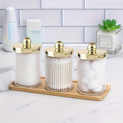Juego de 3 frascos de plástico para hisopos con tapa dorada, organizador de algodón, bolas y discos de 10 oz, set de botes transparentes para baño con bandeja, dispensador para almacenamiento