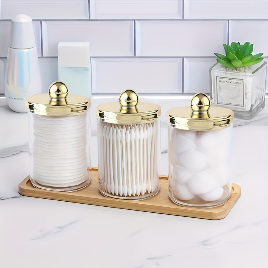 Juego de 3 frascos de plástico para hisopos con tapa dorada, organizador de algodón, bolas y discos de 10 oz, set de botes transparentes para baño con bandeja, dispensador para almacenamiento