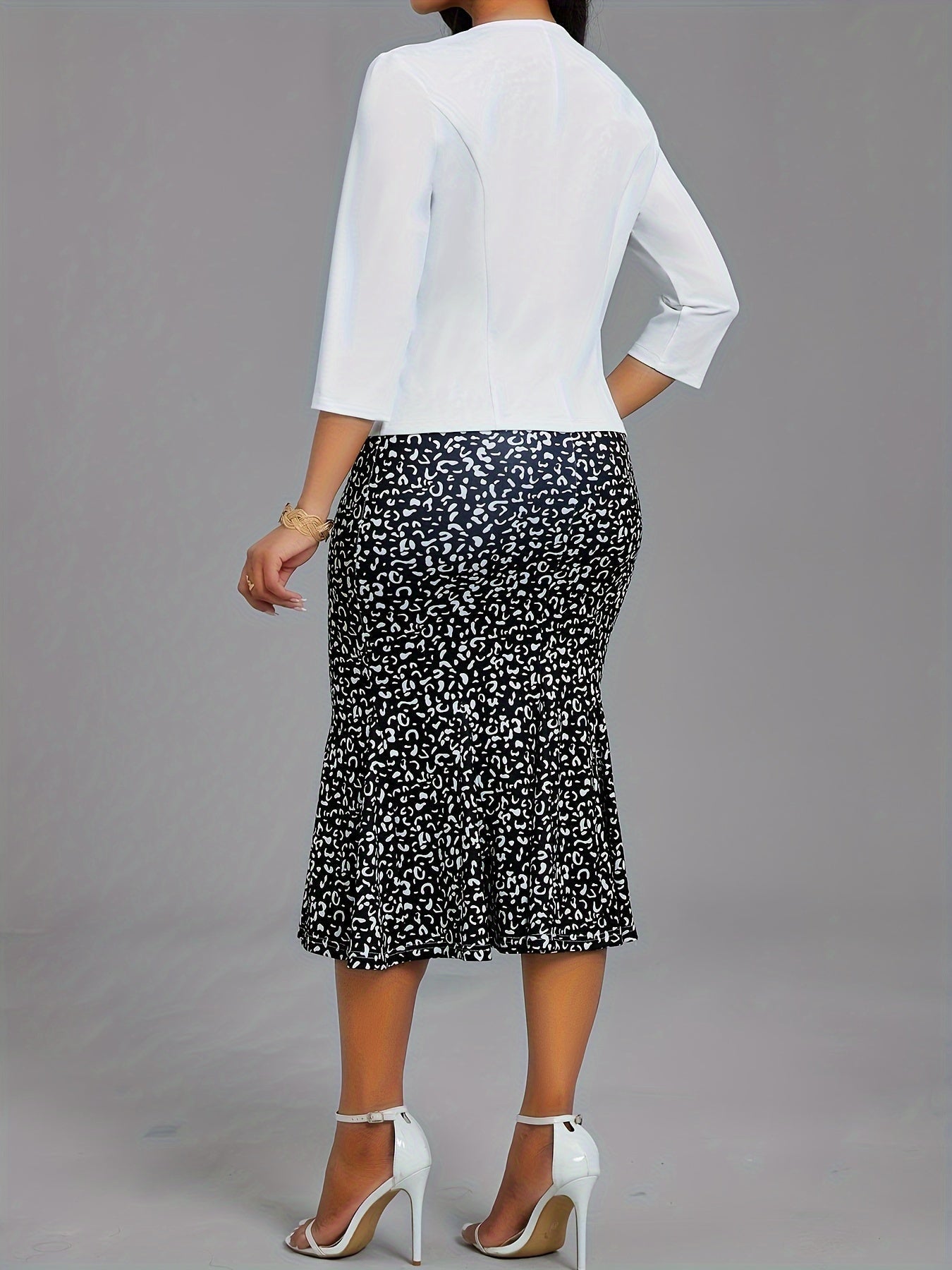 Conjunto elegante de dos piezas, Blazer de manga tres cuartos y vestido ajustado con estampado floral, Ropa de mujer.