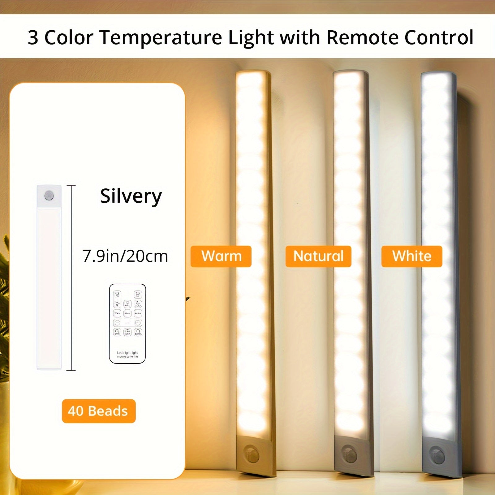 1pc Sensor de movimiento bajo la luz del gabinete, luces LED de 3 colores para armario con control remoto, luces inalámbricas regulables con batería recargable USB, accesorios de luz magnéticos para debajo del mostrador para cocina interior, escalera, ar