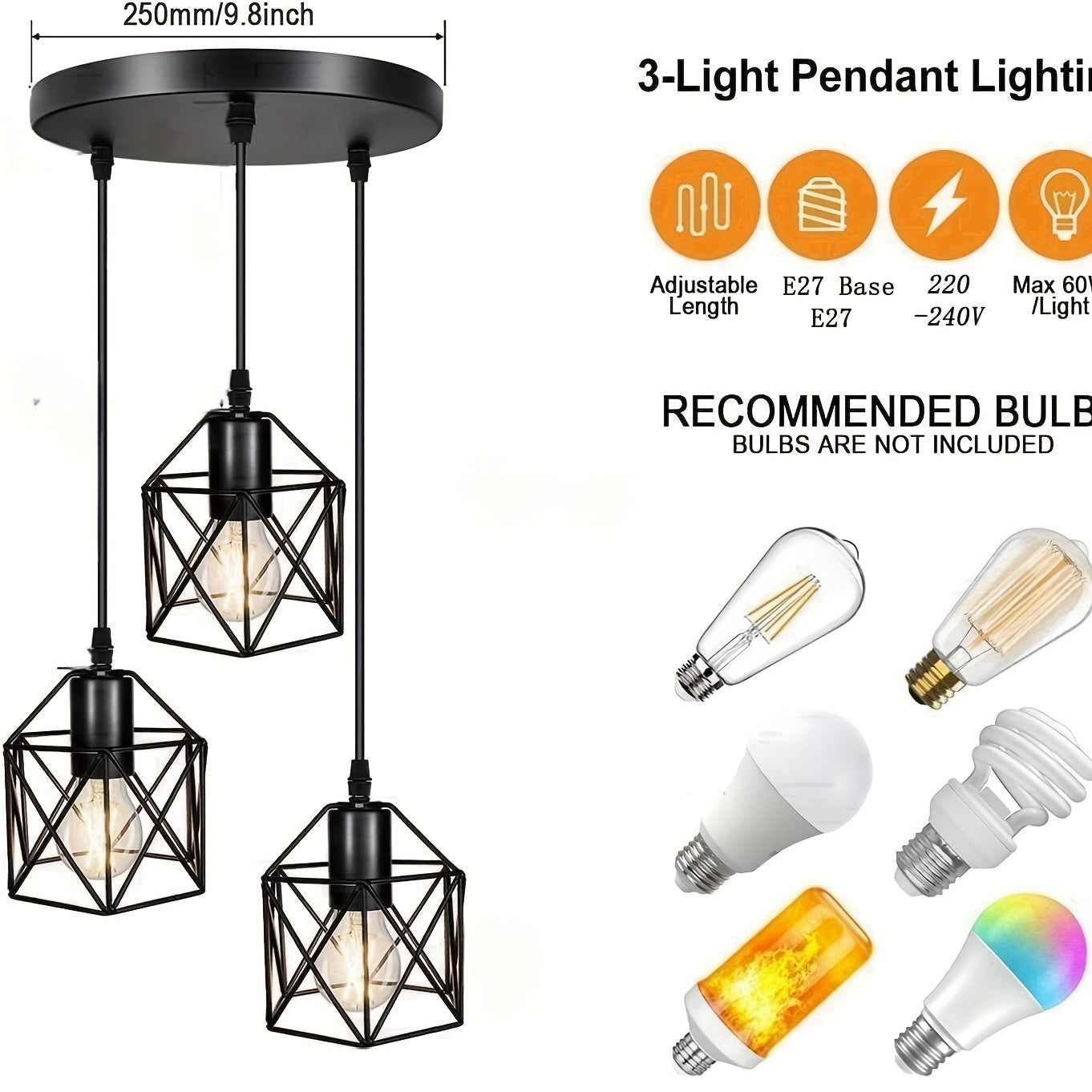 Lámpara colgante industrial vintage de 3 luces, ajustable, negra, con base E27, acabado metálico mate, ideal para cocina, comedor o pasillo (focos no incluidos), decoración de cocina